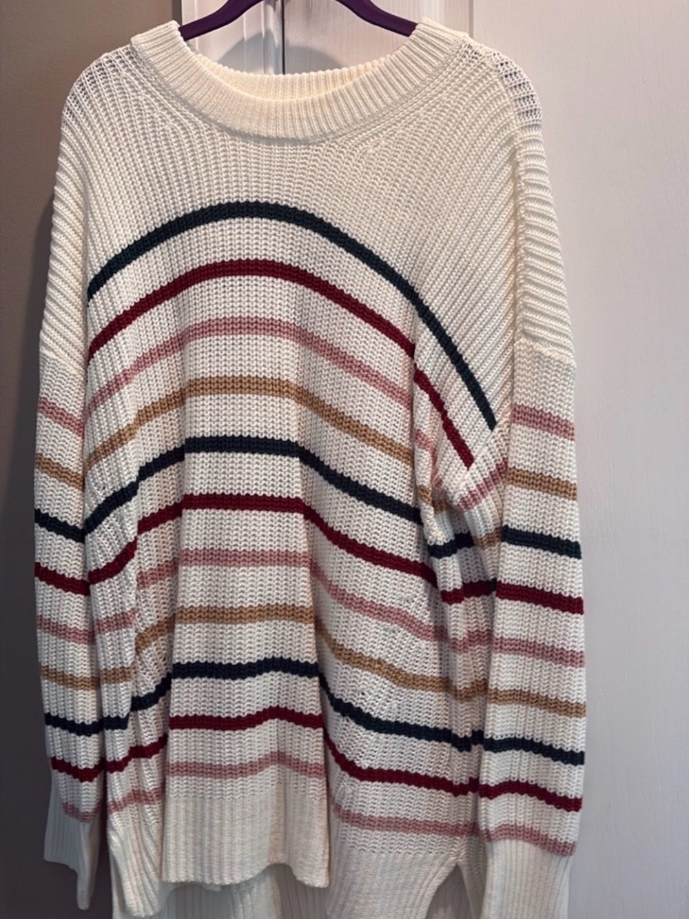 Sonoma Cream Crewneck Sweater with Burgundy, Navy & Dusty Pink Stripes